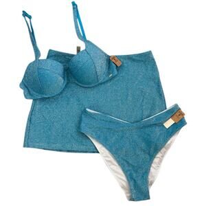 VS Pink Ocean Blue Silver Sparkle Swim Skirt Bikini Set Size Large